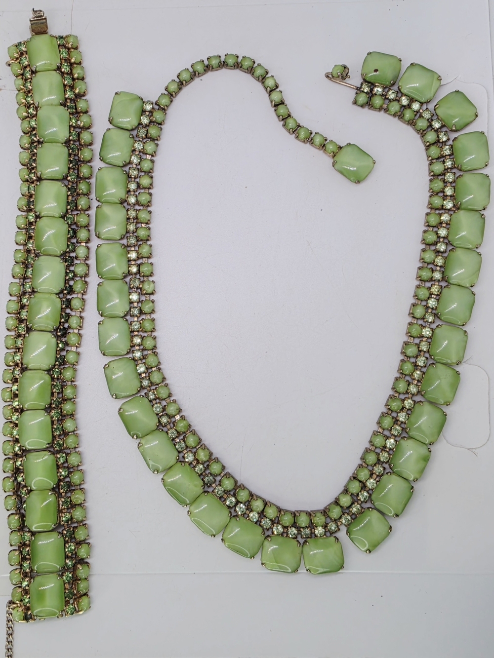 Vtg MCM Green Satin Moonglow Glass Rhinestone Necklace Bracelet Set Demi Parure